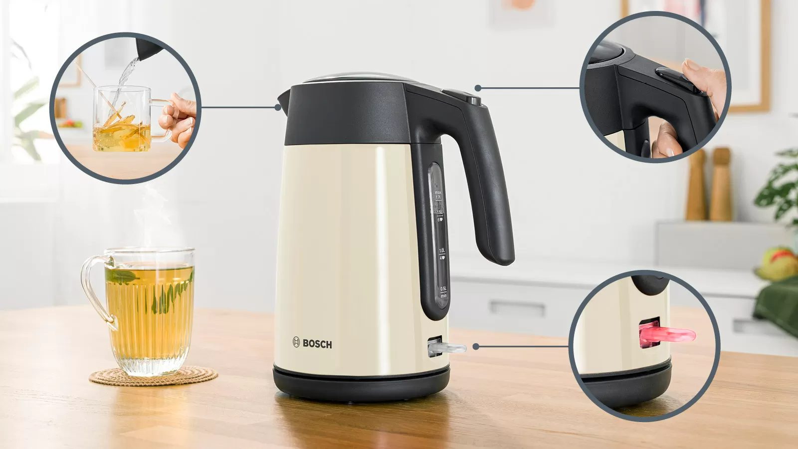 BOSCH TWK7L467 nemesacél vízforraló, 2400 W, 1,7 l, krémszínű – 2. kép