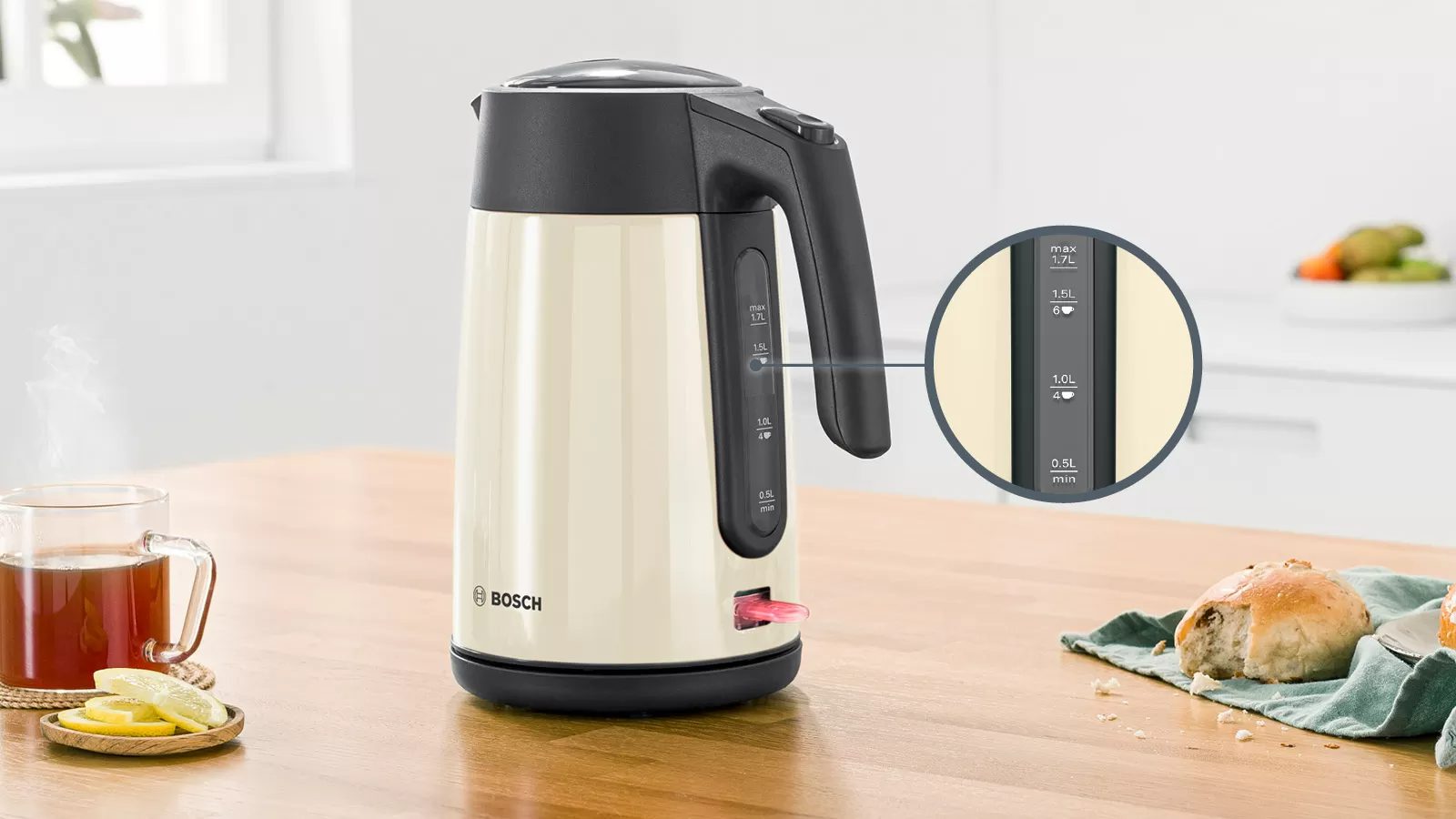 BOSCH TWK7L467 nemesacél vízforraló, 2400 W, 1,7 l, krémszínű – 5. kép