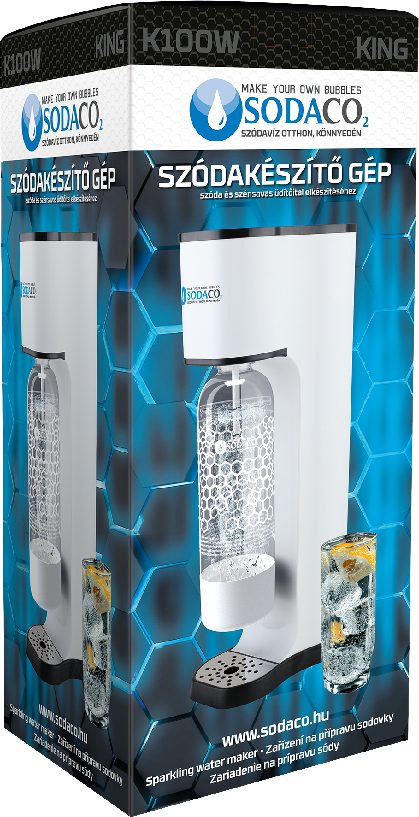 SODACO K100W King fehér otthoni szódagép CO2-patronnal és 1 literes flakonnal – 2. kép