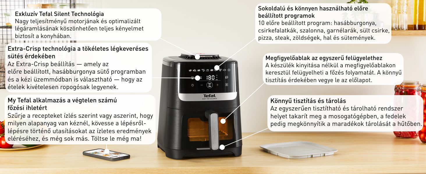 TEFAL EY5568E0 Easy Fry Silence XL forrólevegős sütő 4,2 literes kosárral – 9. kép