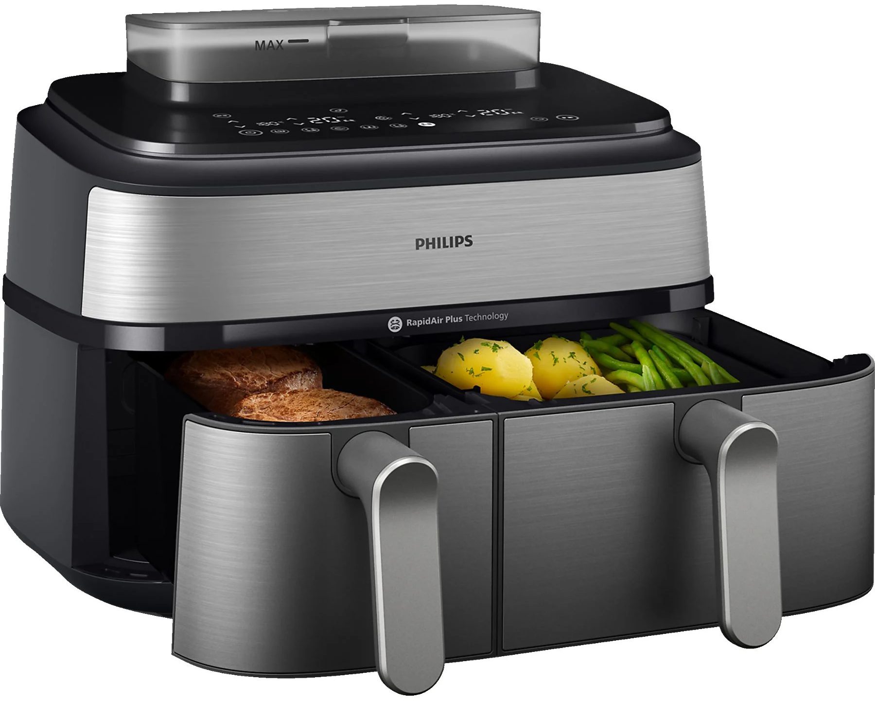 PHILIPS NA555/00 SteamFry+ Dual 9 literes, kétkosaras airfryer gőzsütéssel – 2. kép