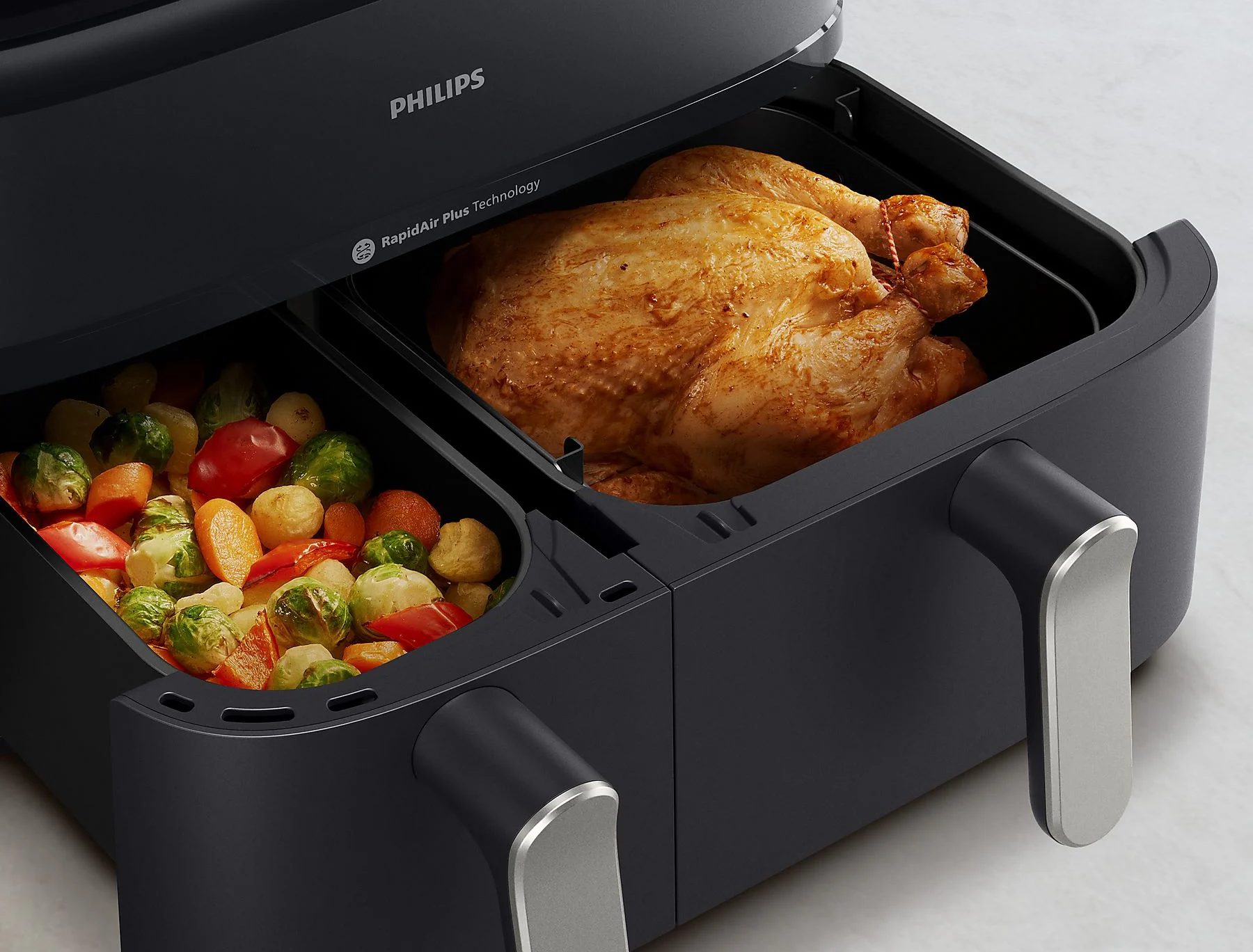 PHILIPS NA555/00 SteamFry+ Dual 9 literes, kétkosaras airfryer gőzsütéssel – 6. kép