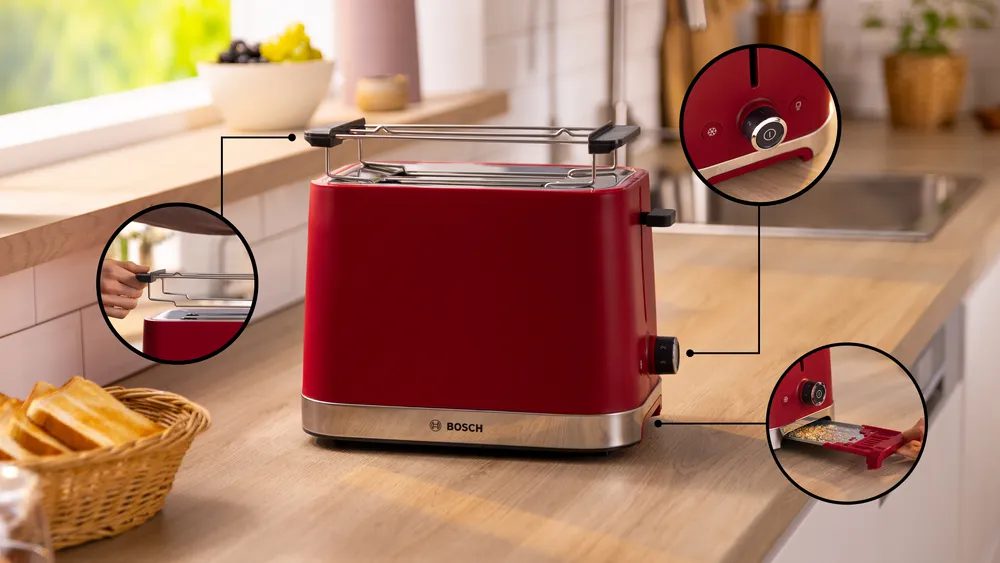 BOSCH TAT4M224 DesignLine kenyérpirító, 950 W, piros fémházzal – 3. kép
